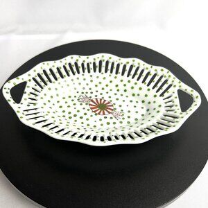 Hand Painted Porcelain Basket Weave Dish Green Polka Dot Red Candy USA Signed